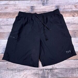 TYR Mens Athletic Shorts XL Black Compression Liner Zipper Pocket Drawstring